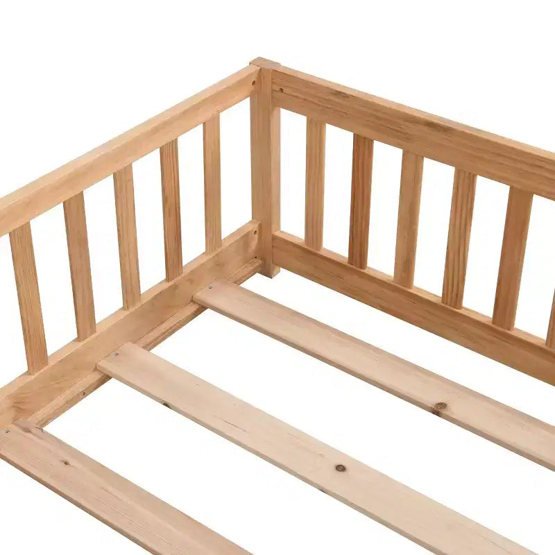 Cadre de lit en bois massif taille double, lit au sol avec barrières de sécurité et sommier à lattes, lit pour enfants pour chambre à coucher