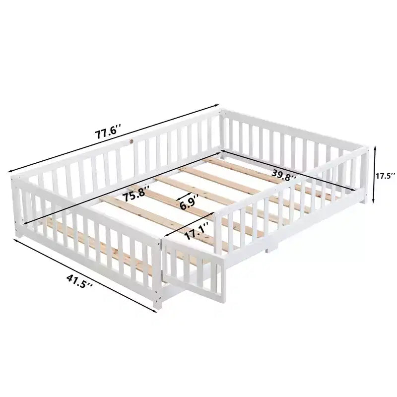 Cadre de lit en bois massif taille double, lit au sol avec barrières de sécurité et sommier à lattes, lit pour enfants pour chambre à coucher