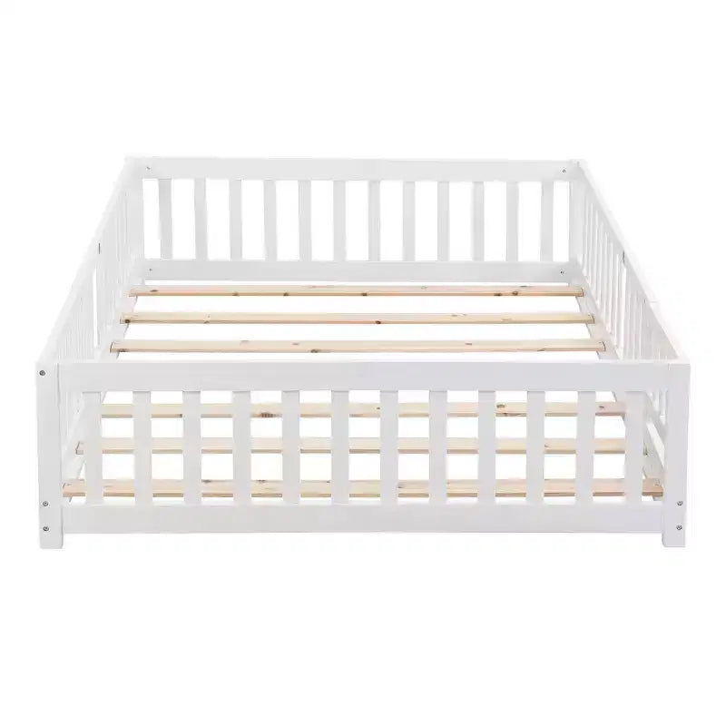 Cadre de lit en bois massif taille double, lit au sol avec barrières de sécurité et sommier à lattes, lit pour enfants pour chambre à coucher