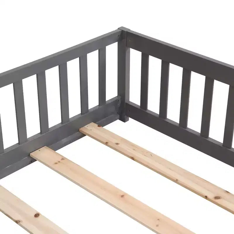 Cadre de lit en bois massif taille double, lit au sol avec barrières de sécurité et sommier à lattes, lit pour enfants pour chambre à coucher