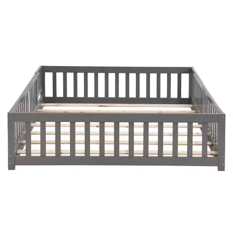 Cadre de lit en bois massif taille double, lit au sol avec barrières de sécurité et sommier à lattes, lit pour enfants pour chambre à coucher