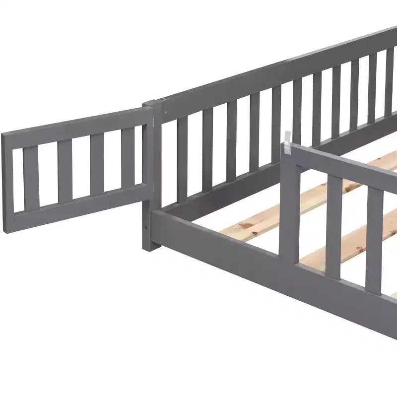 Cadre de lit en bois massif taille double, lit au sol avec barrières de sécurité et sommier à lattes, lit pour enfants pour chambre à coucher