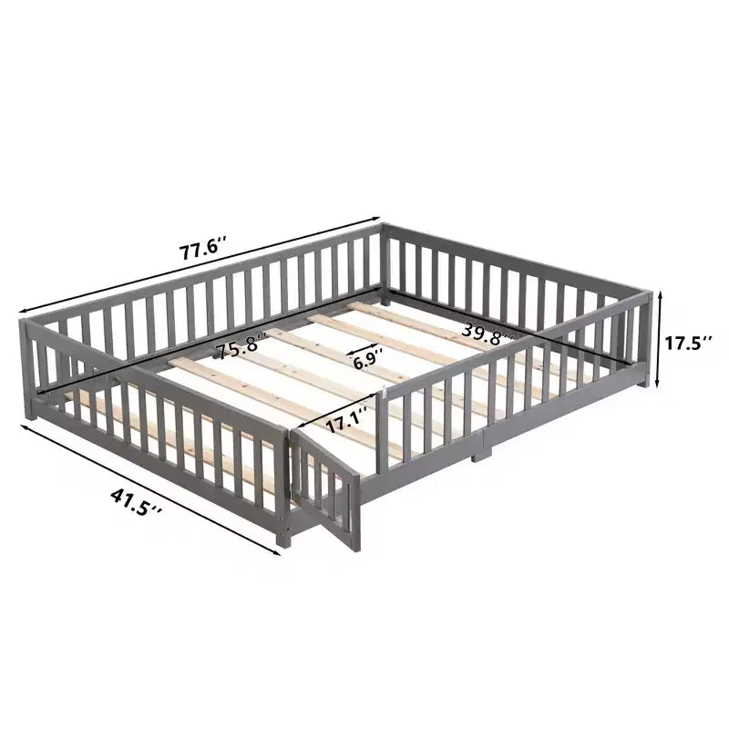 Cadre de lit en bois massif taille double, lit au sol avec barrières de sécurité et sommier à lattes, lit pour enfants pour chambre à coucher