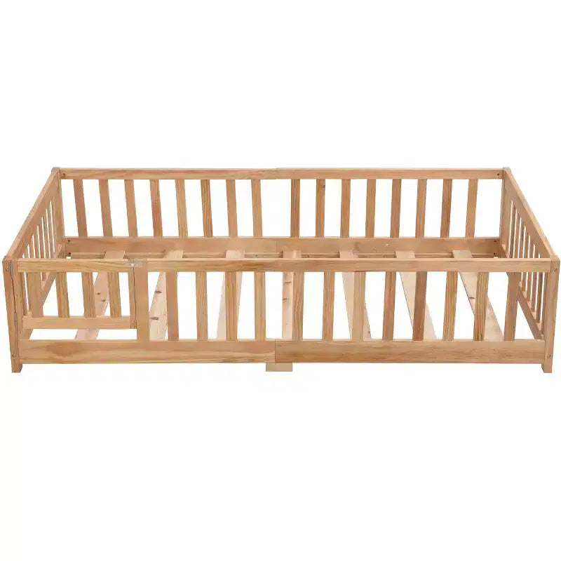 Cadre de lit en bois massif taille double, lit au sol avec barrières de sécurité et sommier à lattes, lit pour enfants pour chambre à coucher