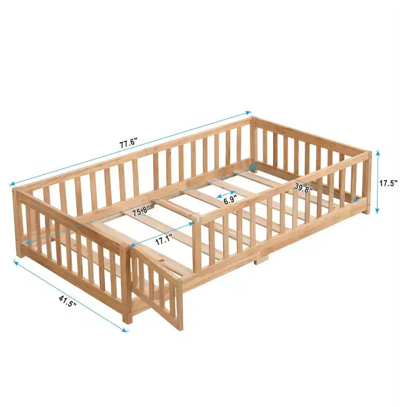 Cadre de lit en bois massif taille double, lit au sol avec barrières de sécurité et sommier à lattes, lit pour enfants pour chambre à coucher