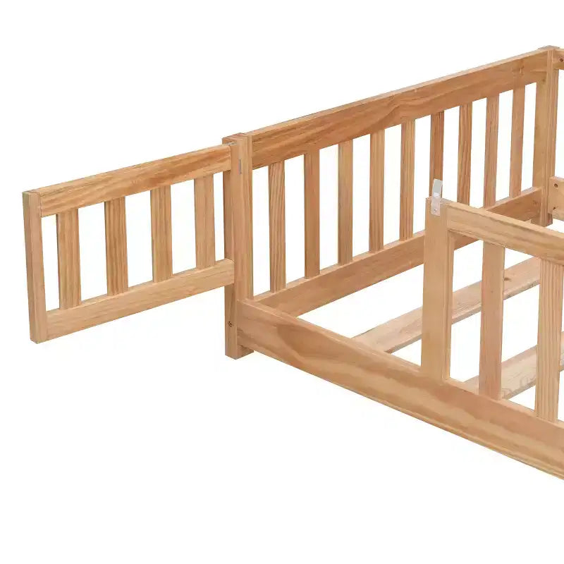 Cadre de lit en bois massif taille double, lit au sol avec barrières de sécurité et sommier à lattes, lit pour enfants pour chambre à coucher