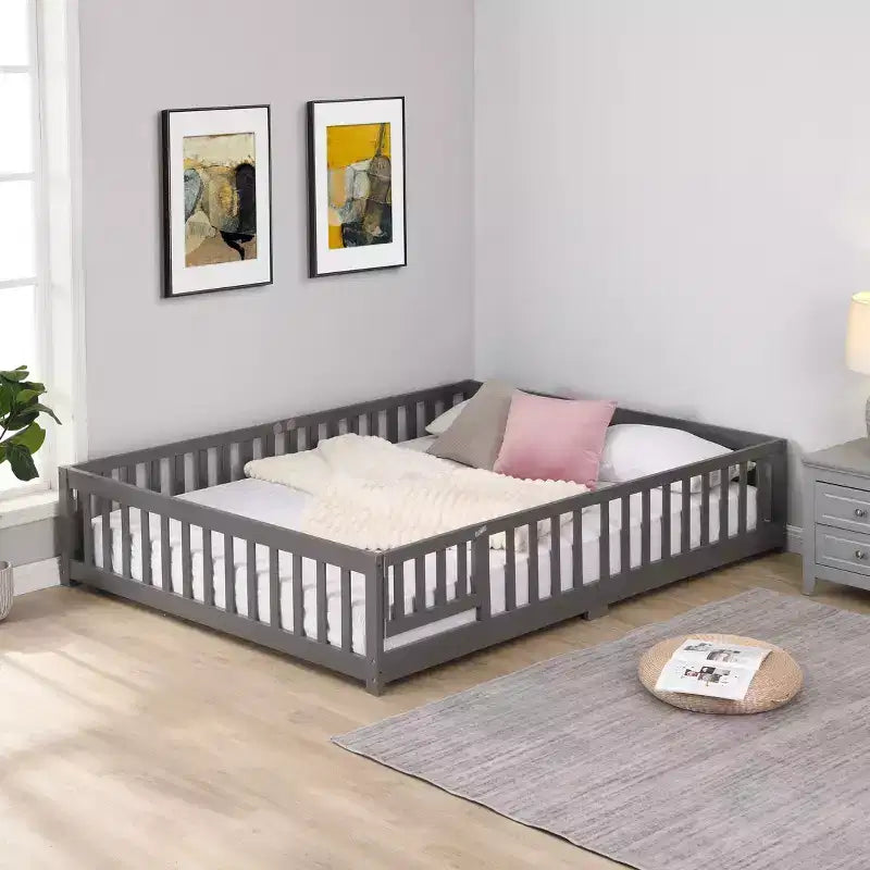 Cadre de lit en bois massif taille double, lit au sol avec barrières de sécurité et sommier à lattes, lit pour enfants pour chambre à coucher