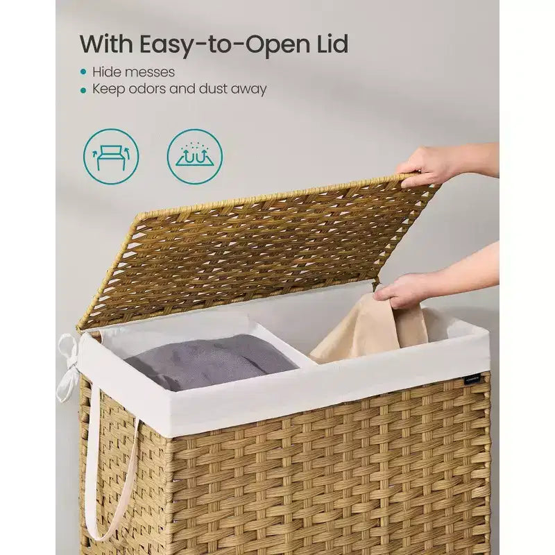 Panier à linge pliable de 160 L (42,3 gallons) avec couvercle, panier de rangement en rotin synthétique avec doublure amovible et poignées, naturel