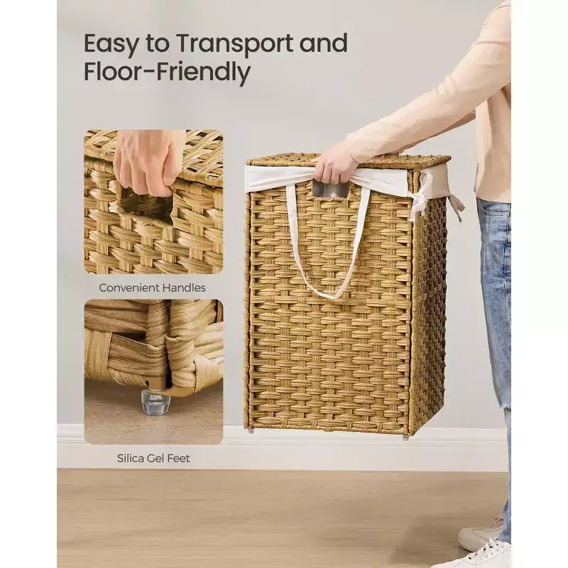 Panier à linge pliable de 160 L (42,3 gallons) avec couvercle, panier de rangement en rotin synthétique avec doublure amovible et poignées, naturel