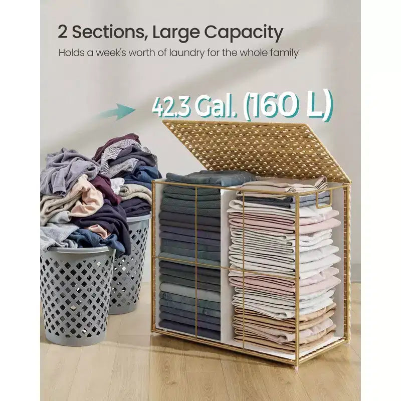Panier à linge pliable de 160 L (42,3 gallons) avec couvercle, panier de rangement en rotin synthétique avec doublure amovible et poignées, naturel