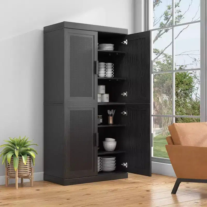 Buffet en bois veiné noir 62x31x16, meuble de rangement avec étagères réglables et portes en rotin pour cuisine, chambre, salon/salle à manger