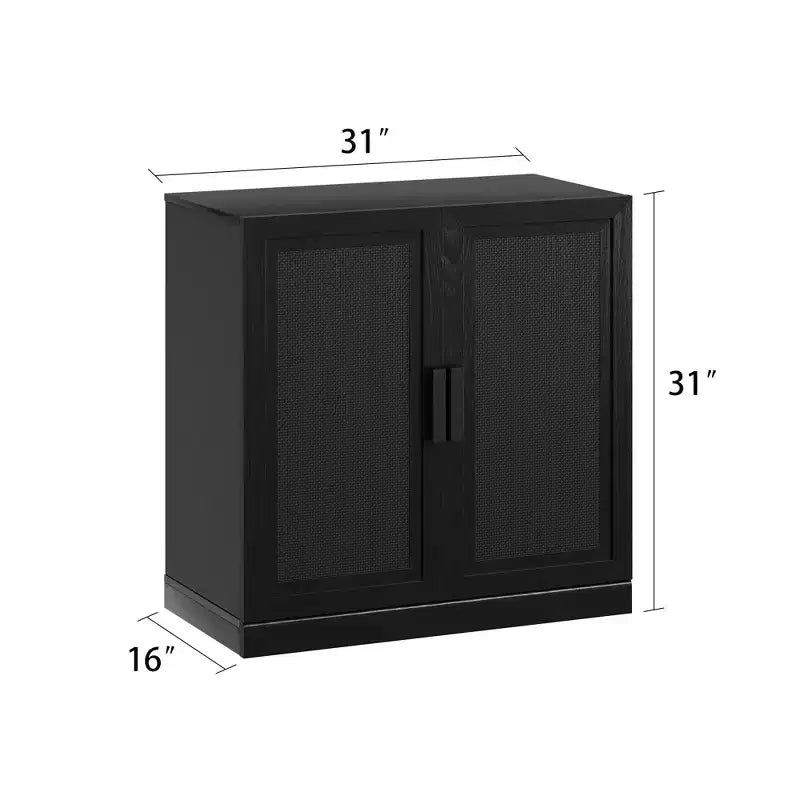 Buffet en bois veiné noir 62x31x16, meuble de rangement avec étagères réglables et portes en rotin pour cuisine, chambre, salon/salle à manger