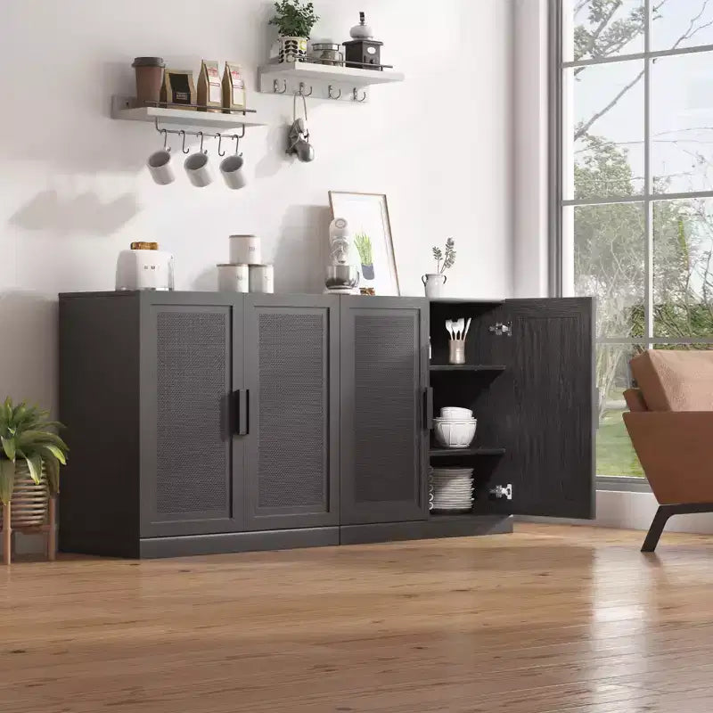 Buffet en bois veiné noir 62x31x16, meuble de rangement avec étagères réglables et portes en rotin pour cuisine, chambre, salon/salle à manger