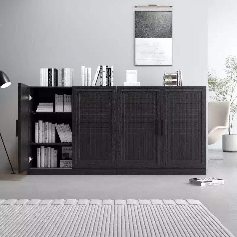 Buffet en bois veiné noir 62x31x16, meuble de rangement avec étagères réglables et portes en rotin pour cuisine, chambre, salon/salle à manger
