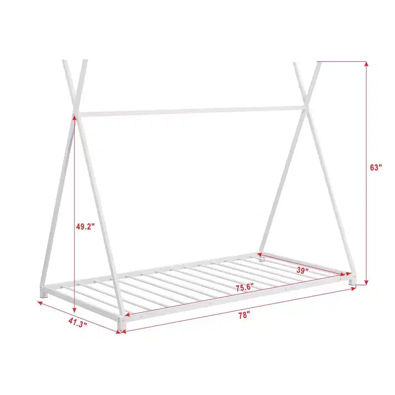 Lit plateforme double en métal avec structure triangulaire pour chambre, blanc