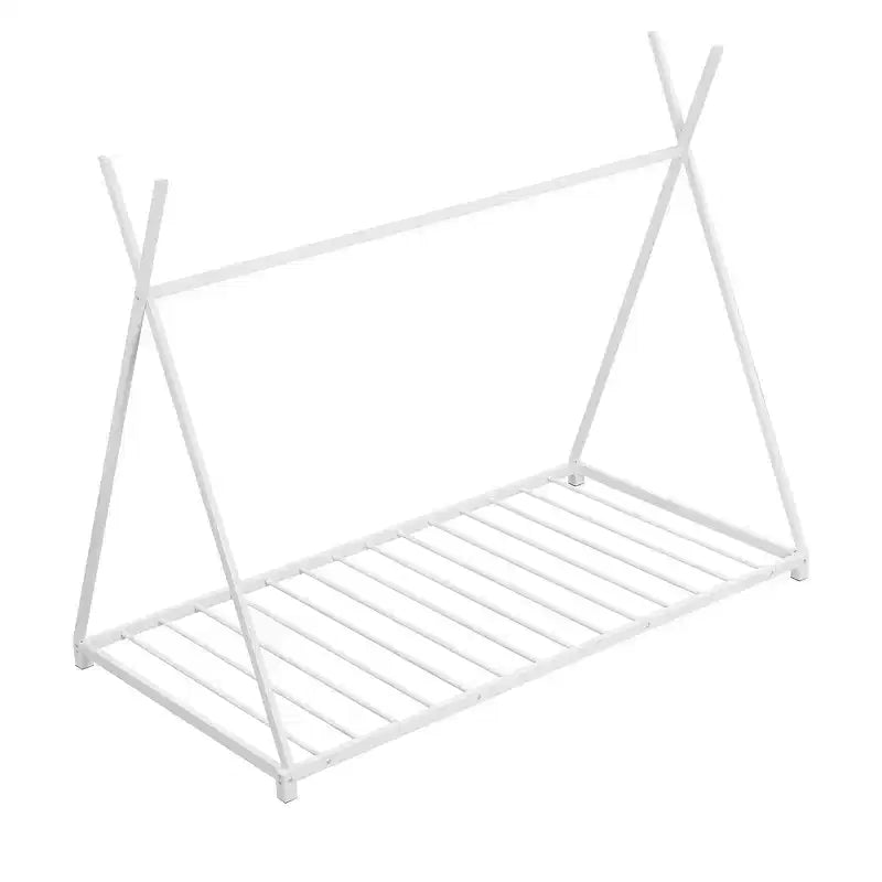 Lit plateforme double en métal avec structure triangulaire pour chambre, blanc