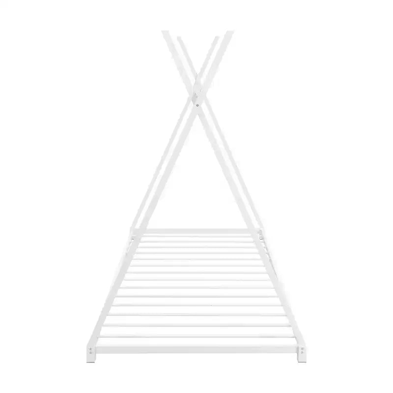Lit plateforme double en métal avec structure triangulaire pour chambre, blanc
