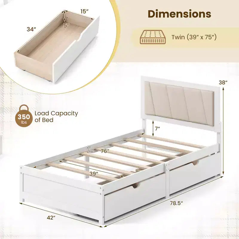 Cadre de lit double avec 2 tiroirs de rangement, tête de lit rembourrée, structure en bois
