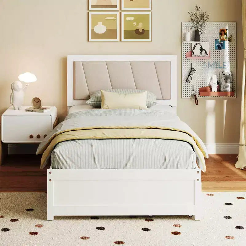 Cadre de lit double avec 2 tiroirs de rangement, tête de lit rembourrée, structure en bois