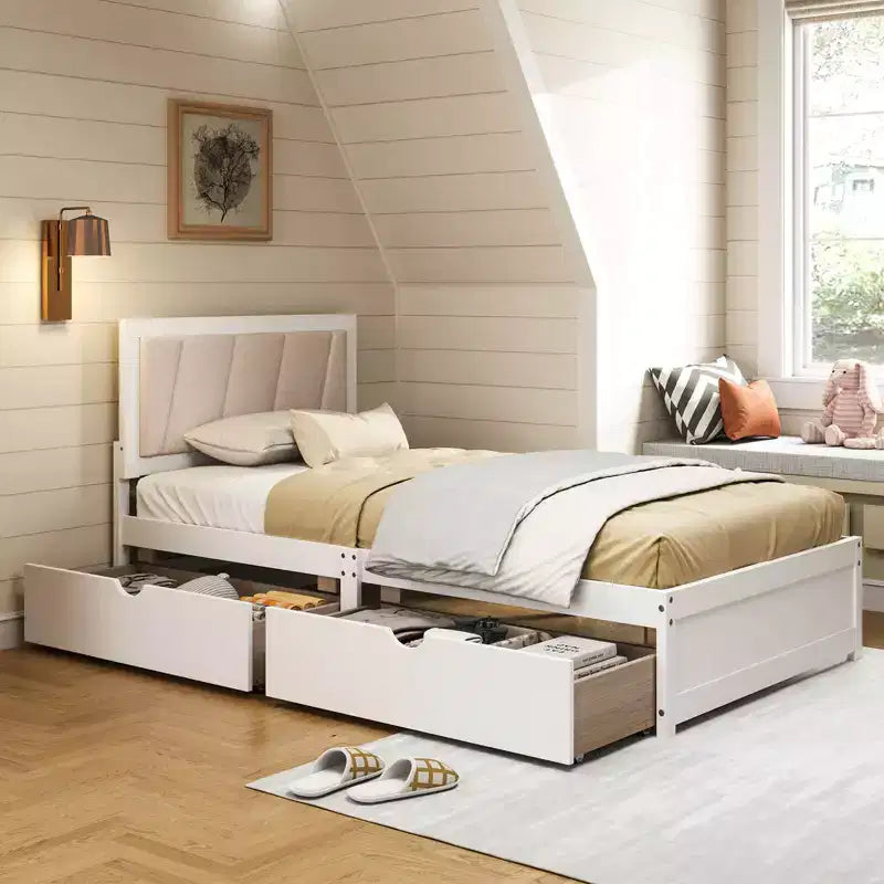 Cadre de lit double avec 2 tiroirs de rangement, tête de lit rembourrée, structure en bois