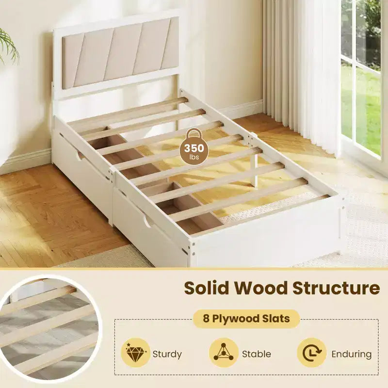 Cadre de lit double avec 2 tiroirs de rangement, tête de lit rembourrée, structure en bois