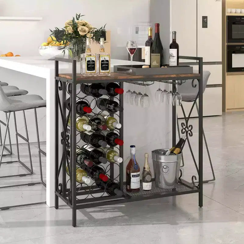 Range-bouteilles autoportant à 21 bouteilles avec étagère de rangement, noir et or / marron