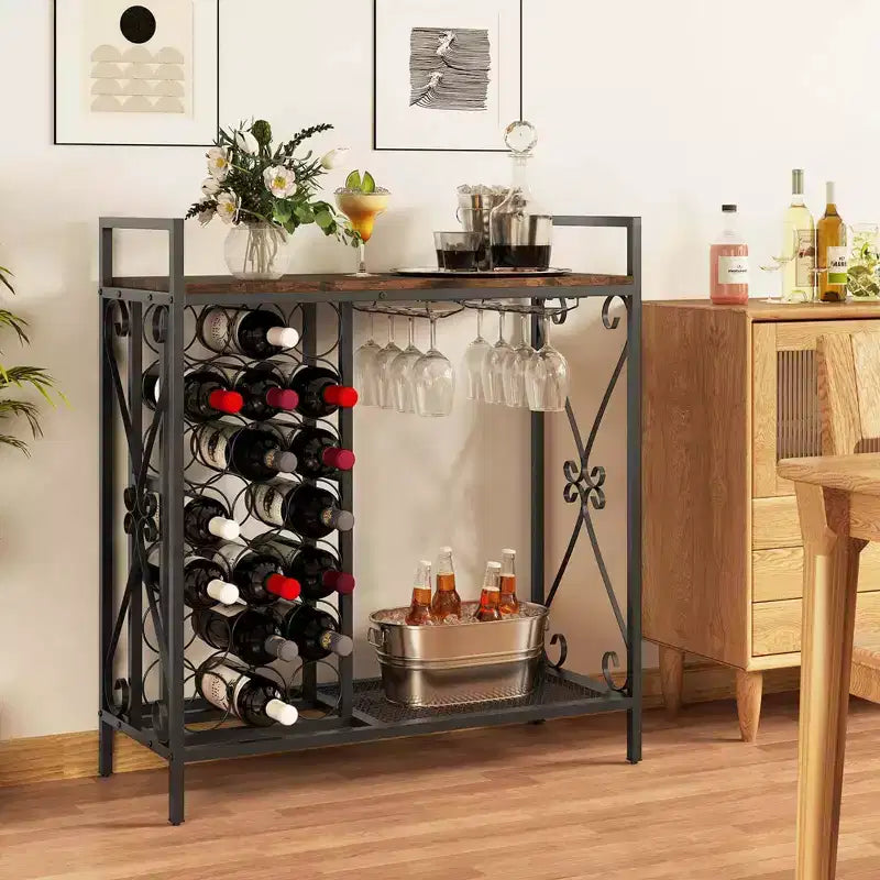 Range-bouteilles autoportant à 21 bouteilles avec étagère de rangement, noir et or / marron
