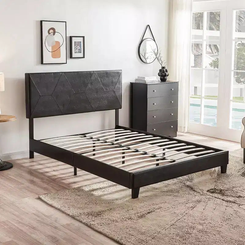 Cadre de lit plateforme rembourré Queen Size, avec lattes en bois, montage facile, noir, PU