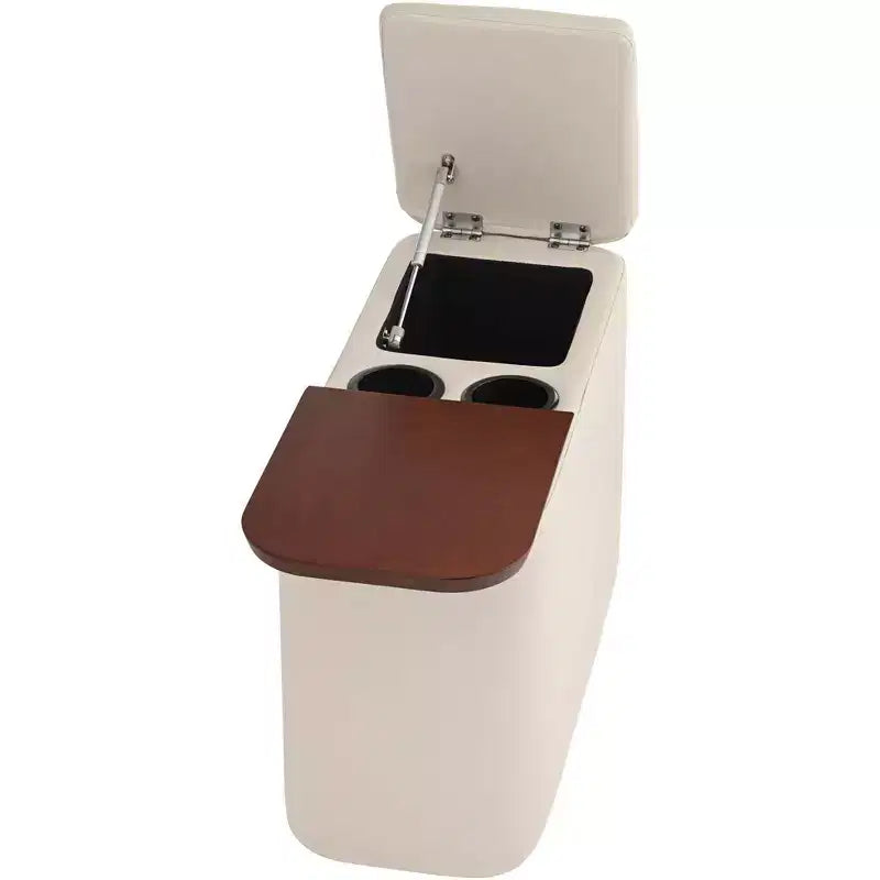 Table console rectangulaire en similicuir style Mid-century Modern 12 x 27 1/2 avec rangement et porte-boissons, taupe, pour salon