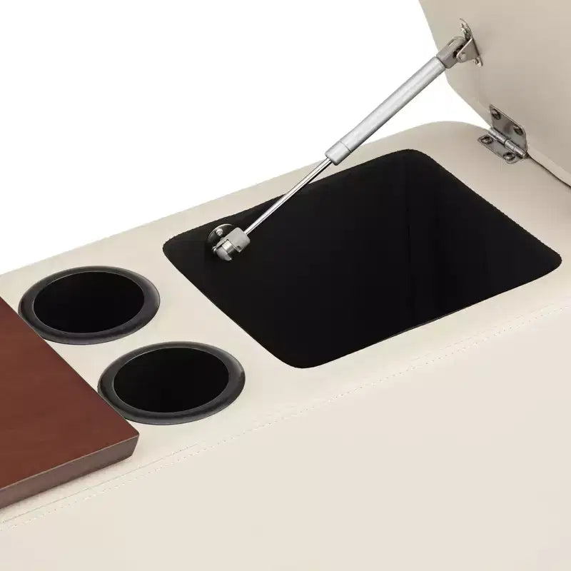 Table console rectangulaire en similicuir style Mid-century Modern 12 x 27 1/2 avec rangement et porte-boissons, taupe, pour salon