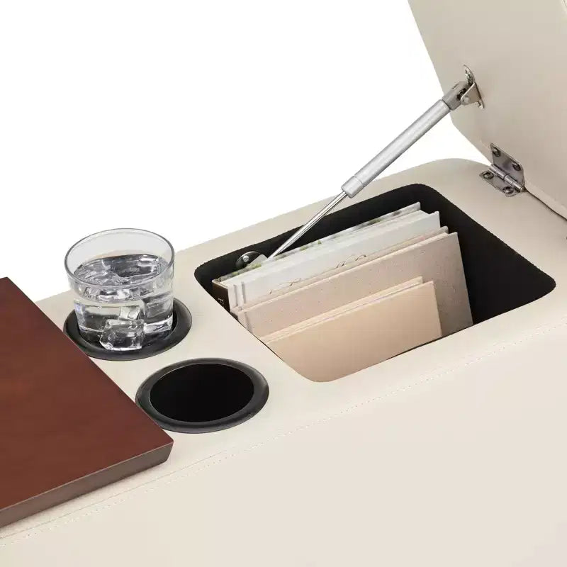 Table console rectangulaire en similicuir style Mid-century Modern 12 x 27 1/2 avec rangement et porte-boissons, taupe, pour salon
