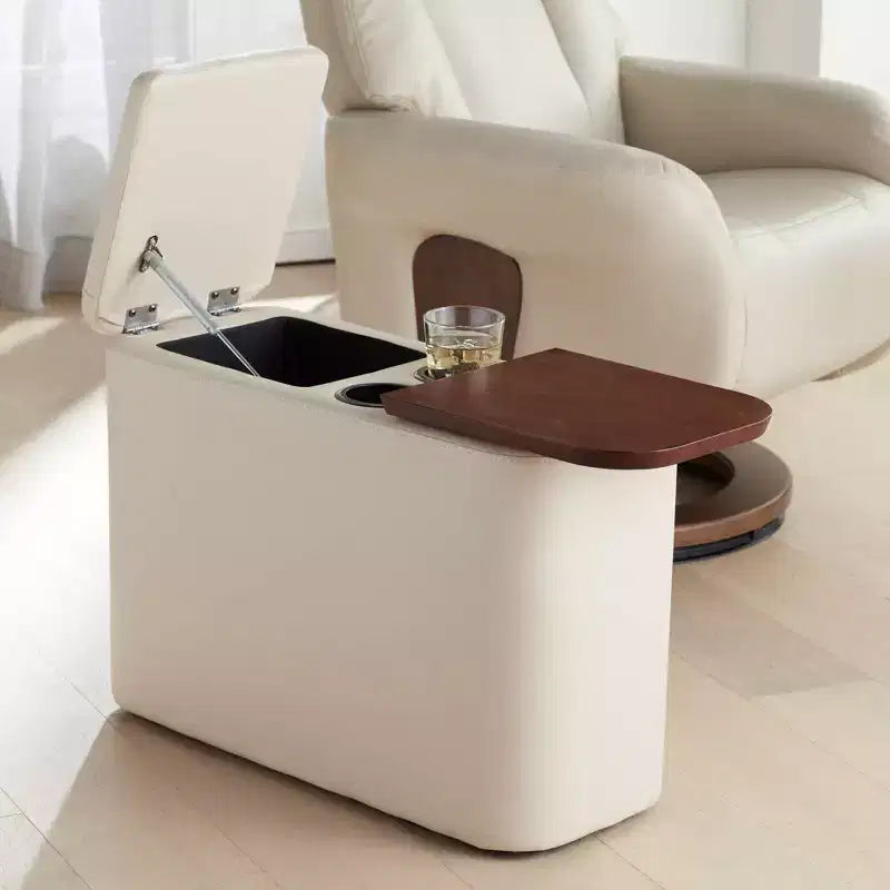 Table console rectangulaire en similicuir style Mid-century Modern 12 x 27 1/2 avec rangement et porte-boissons, taupe, pour salon