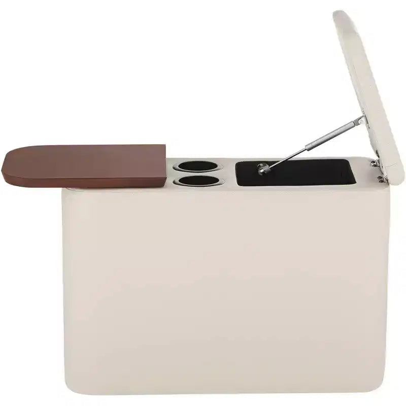 Table console rectangulaire en similicuir style Mid-century Modern 12 x 27 1/2 avec rangement et porte-boissons, taupe, pour salon