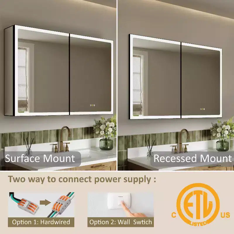 Armoire à pharmacie LED avec miroir, armoire de salle de bain encastrée/murale, intensité variable, lumière à 3 modes, anti-buée, étagères réglables, noire