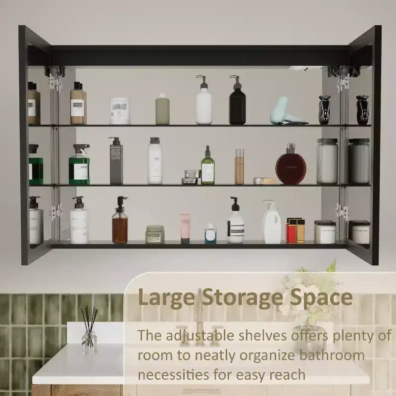 Armoire à pharmacie LED avec miroir, armoire de salle de bain encastrée/murale, intensité variable, lumière à 3 modes, anti-buée, étagères réglables, noire
