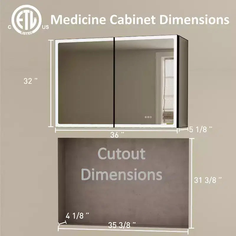 Armoire à pharmacie LED avec miroir, armoire de salle de bain encastrée/murale, intensité variable, lumière à 3 modes, anti-buée, étagères réglables, noire