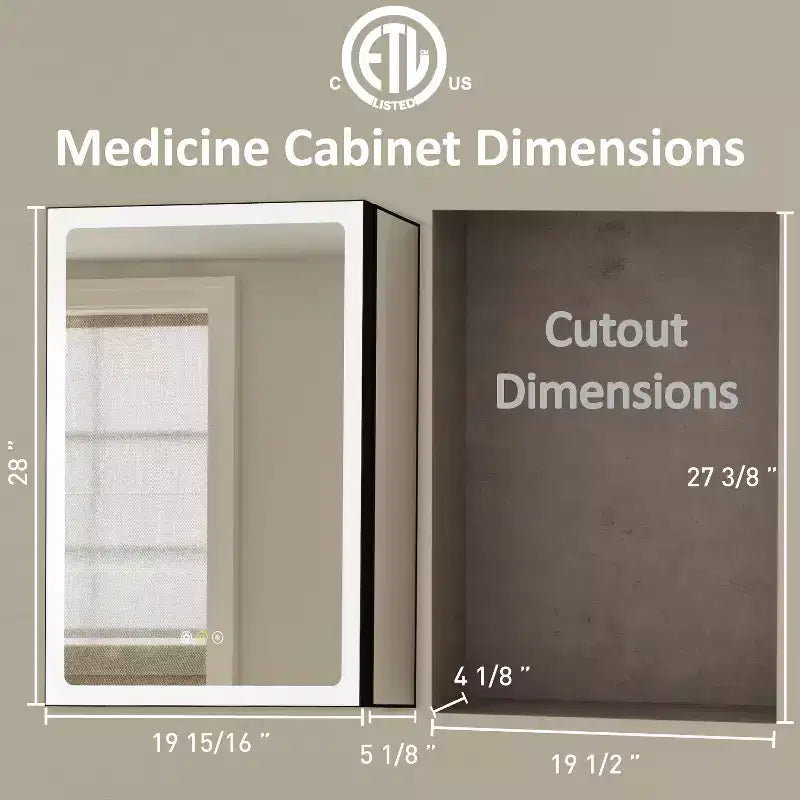 Armoire à pharmacie LED avec miroir, armoire de salle de bain encastrée/murale, intensité variable, lumière à 3 modes, anti-buée, étagères réglables, noire