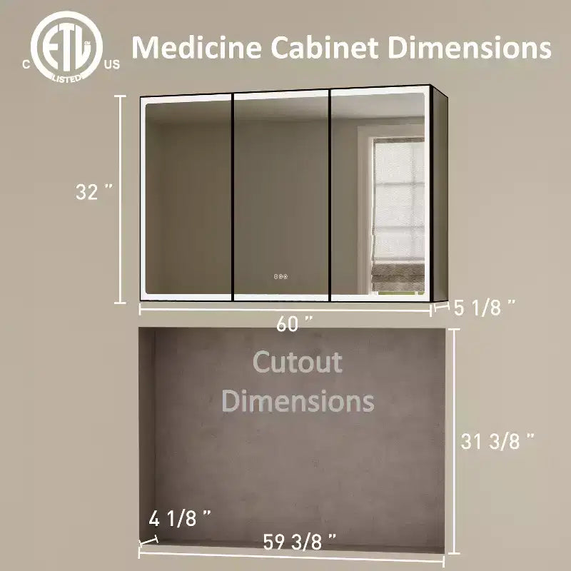 Armoire à pharmacie LED avec miroir, armoire de salle de bain encastrée/murale, intensité variable, lumière à 3 modes, anti-buée, étagères réglables, noire