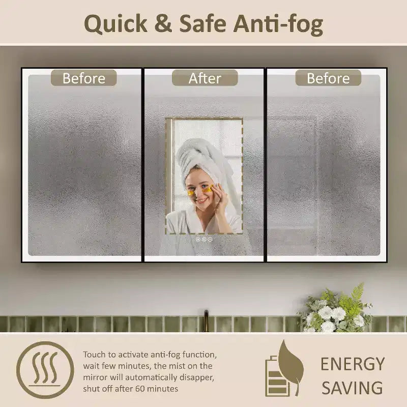 Armoire à pharmacie LED avec miroir, armoire de salle de bain encastrée/murale, intensité variable, lumière à 3 modes, anti-buée, étagères réglables, noire