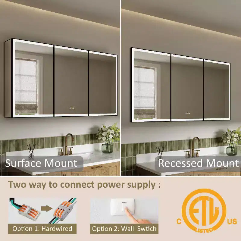 Armoire à pharmacie LED avec miroir, armoire de salle de bain encastrée/murale, intensité variable, lumière à 3 modes, anti-buée, étagères réglables, noire