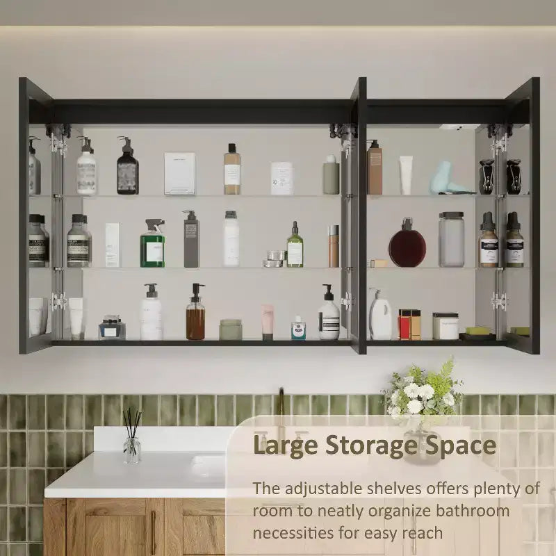 Armoire à pharmacie LED avec miroir, armoire de salle de bain encastrée/murale, intensité variable, lumière à 3 modes, anti-buée, étagères réglables, noire