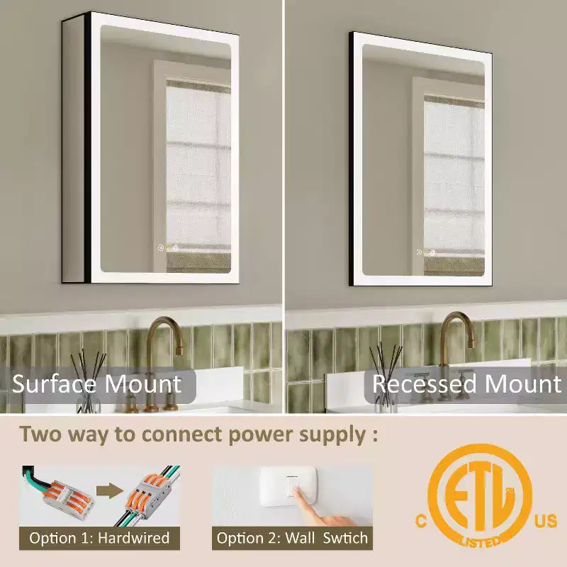 Armoire à pharmacie LED avec miroir, armoire de salle de bain encastrée/murale, intensité variable, lumière à 3 modes, anti-buée, étagères réglables, noire