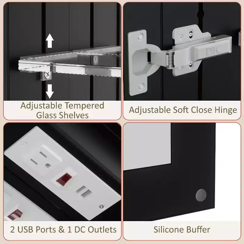 Armoire à pharmacie LED avec miroir, armoire de salle de bain encastrée/murale, intensité variable, lumière à 3 modes, anti-buée, étagères réglables, noire