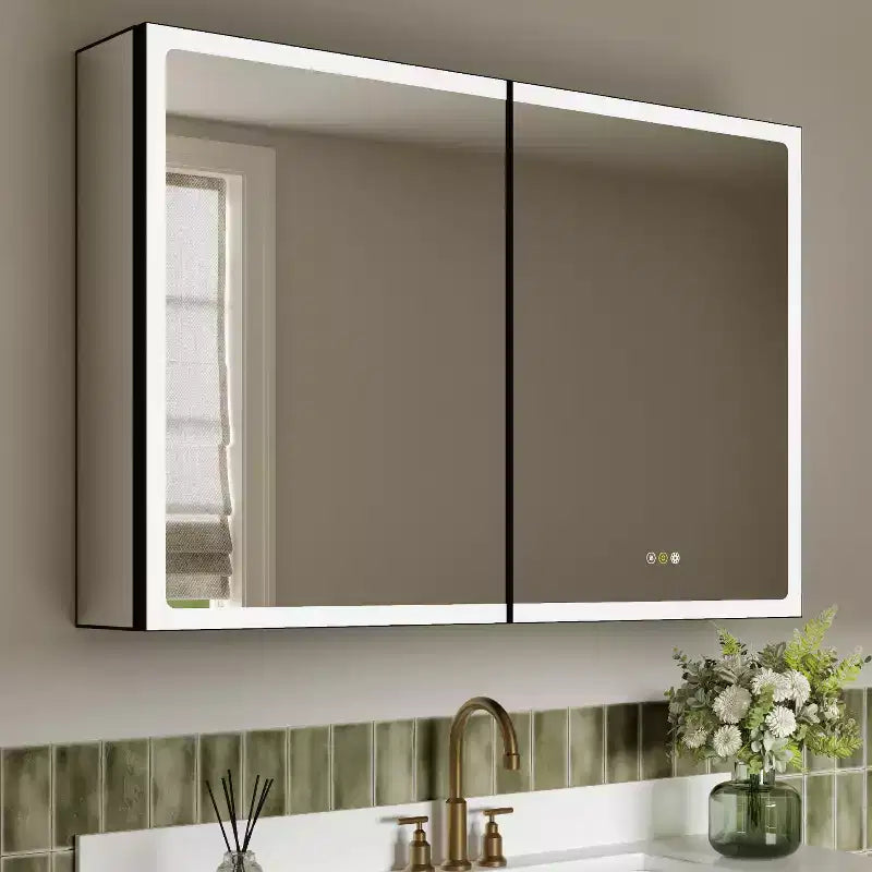 Armoire à pharmacie LED avec miroir, armoire de salle de bain encastrée/murale, intensité variable, lumière à 3 modes, anti-buée, étagères réglables, noire