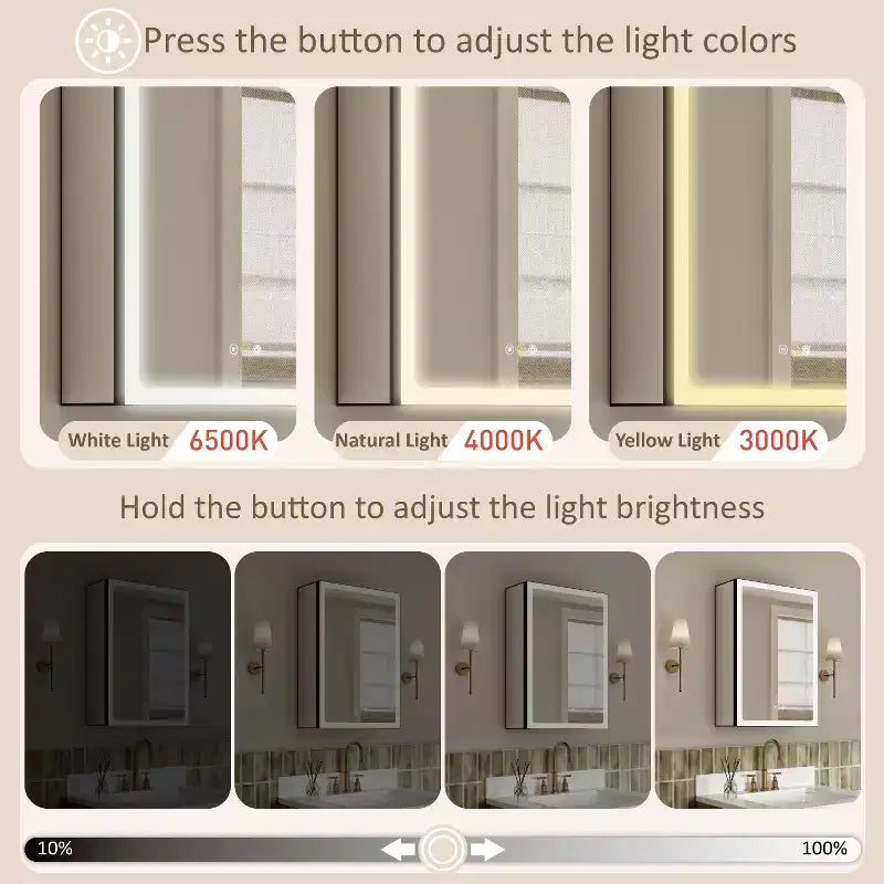 Armoire à pharmacie LED avec miroir, armoire de salle de bain encastrée/murale, intensité variable, lumière à 3 modes, anti-buée, étagères réglables, noire