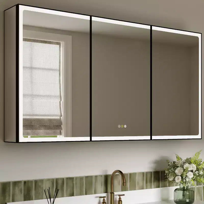 Armoire à pharmacie LED avec miroir, armoire de salle de bain encastrée/murale, intensité variable, lumière à 3 modes, anti-buée, étagères réglables, noire