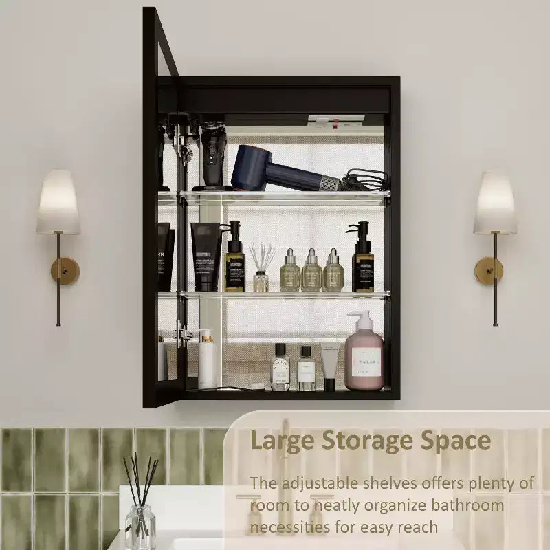 Armoire à pharmacie LED avec miroir, armoire de salle de bain encastrée/murale, intensité variable, lumière à 3 modes, anti-buée, étagères réglables, noire