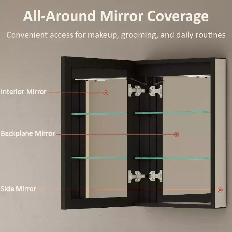 Armoire à pharmacie LED avec miroir, armoire de salle de bain encastrée/murale, intensité variable, lumière à 3 modes, anti-buée, étagères réglables, noire