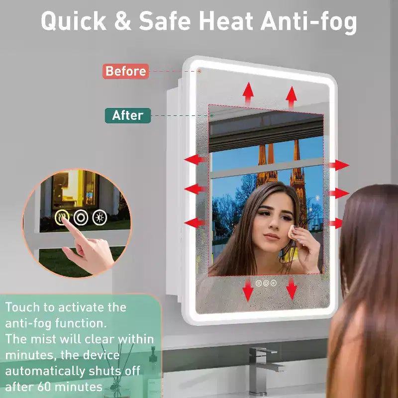 Armoire à pharmacie LED avec miroir, armoire de salle de bain encastrée/murale, intensité variable, lumière 3 modes, antibuée, étagères réglables, blanc
