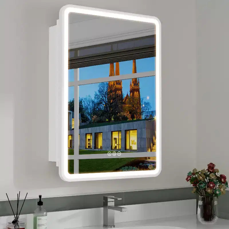 Armoire à pharmacie LED avec miroir, armoire de salle de bain encastrée/murale, intensité variable, lumière 3 modes, antibuée, étagères réglables, blanc